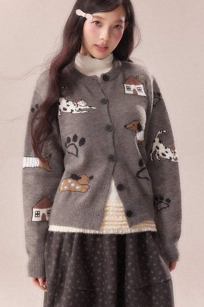 Paw Print Jacquard Knit Cardigan