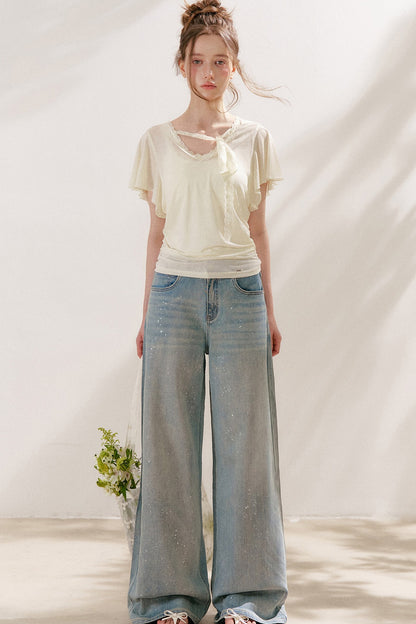 Silver Embellishment Straight Wide-Leg Loose Jeans
