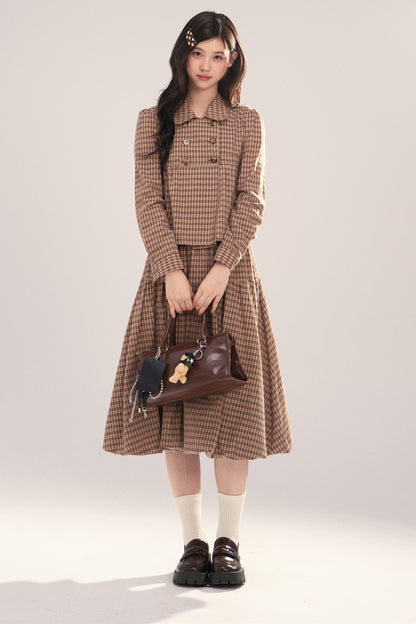 Long-Sleeved Plaid Shirt and Skirt Set-Up