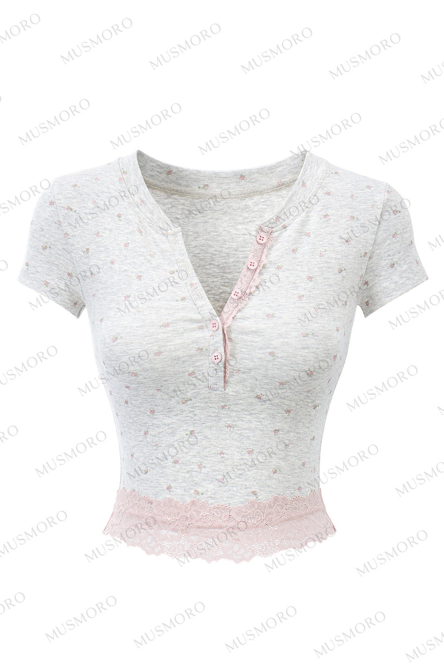 Floral Print Henley Lace Trim Top