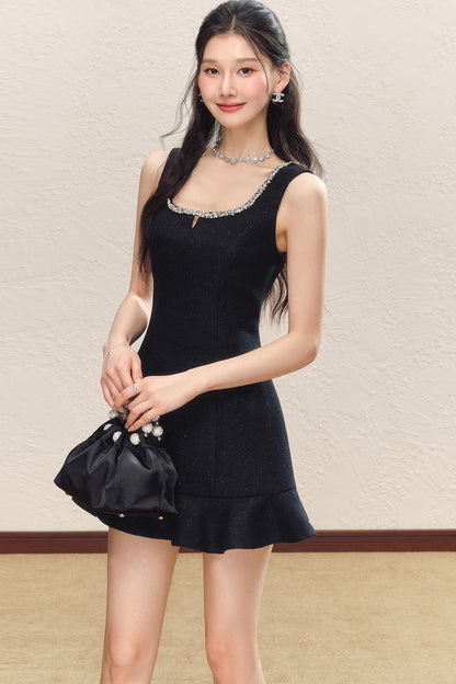 Black Square Neck Ruffled Hem Dress