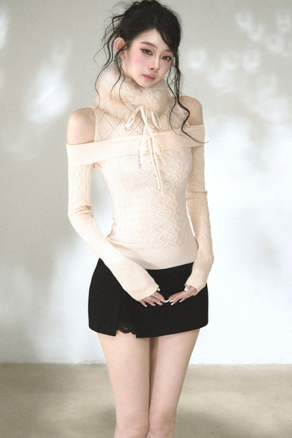Hollow-Out Off-Shoulder Diamond Knit Top