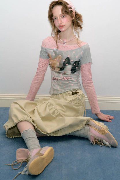 Color-Block Patchwork Rabbit Print Long Sleeve Top