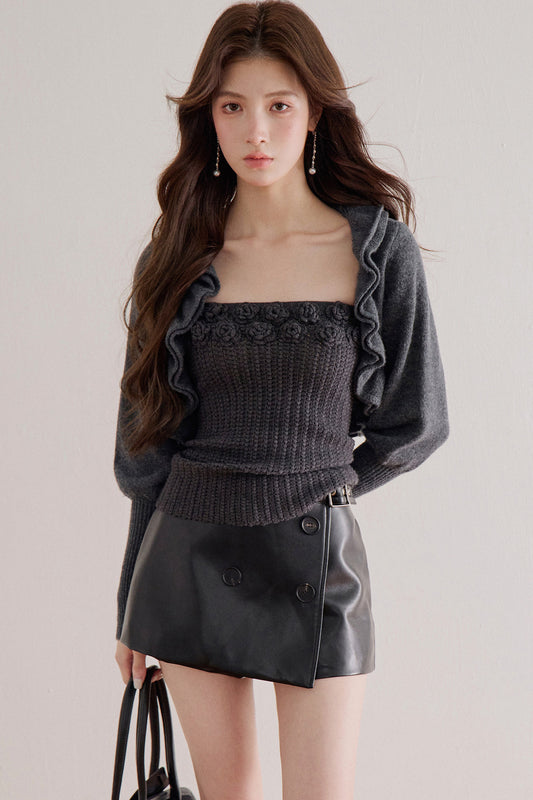 Floral Knit Top and Ruffle Cardigan Set-Up