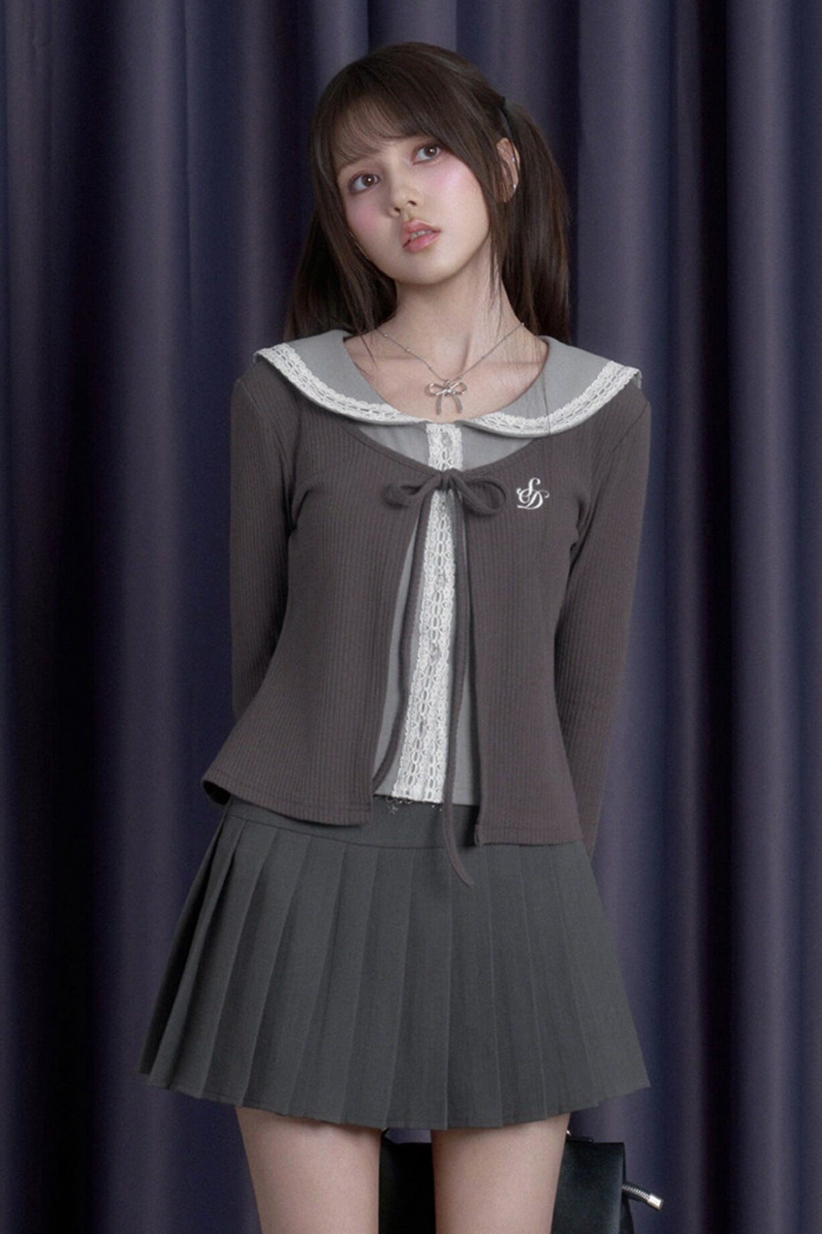 Gray Lace Sailor Collar Top and Skirt Set-Up