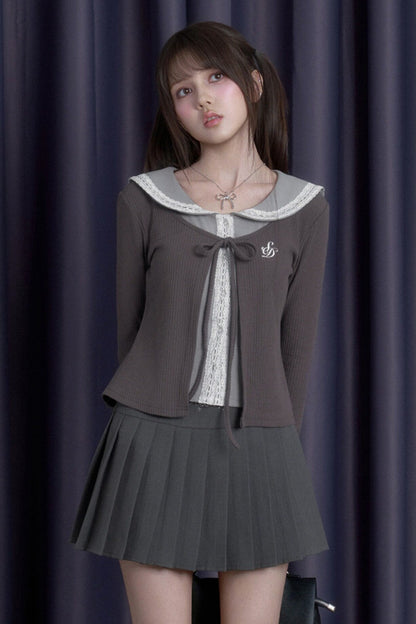 Gray Lace Sailor Collar Top and Skirt Set-Up