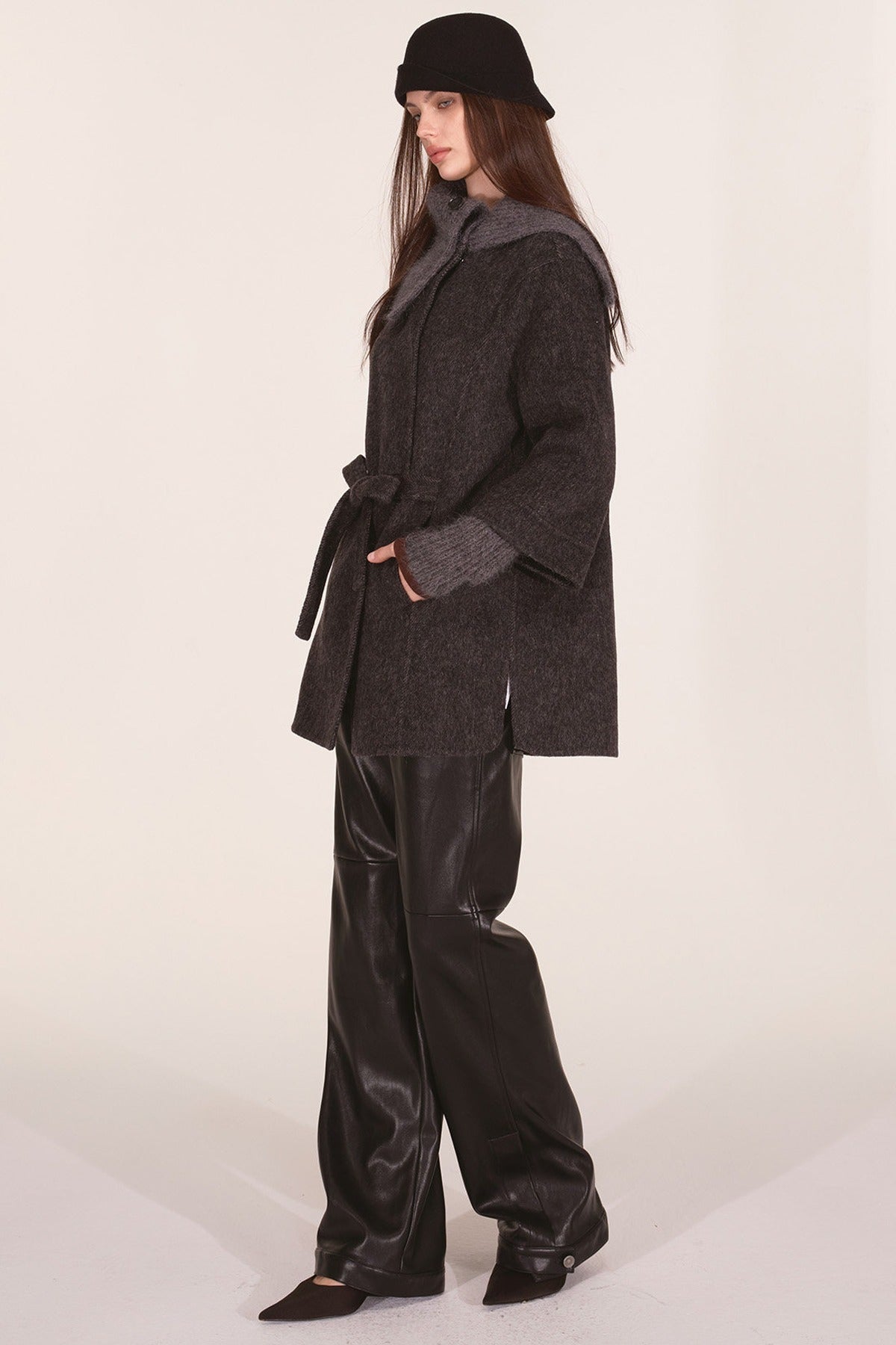 Asymmetrical Knit Collar Tie-Up Wool Coat