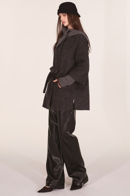 Asymmetrical Knit Collar Tie-Up Wool Coat