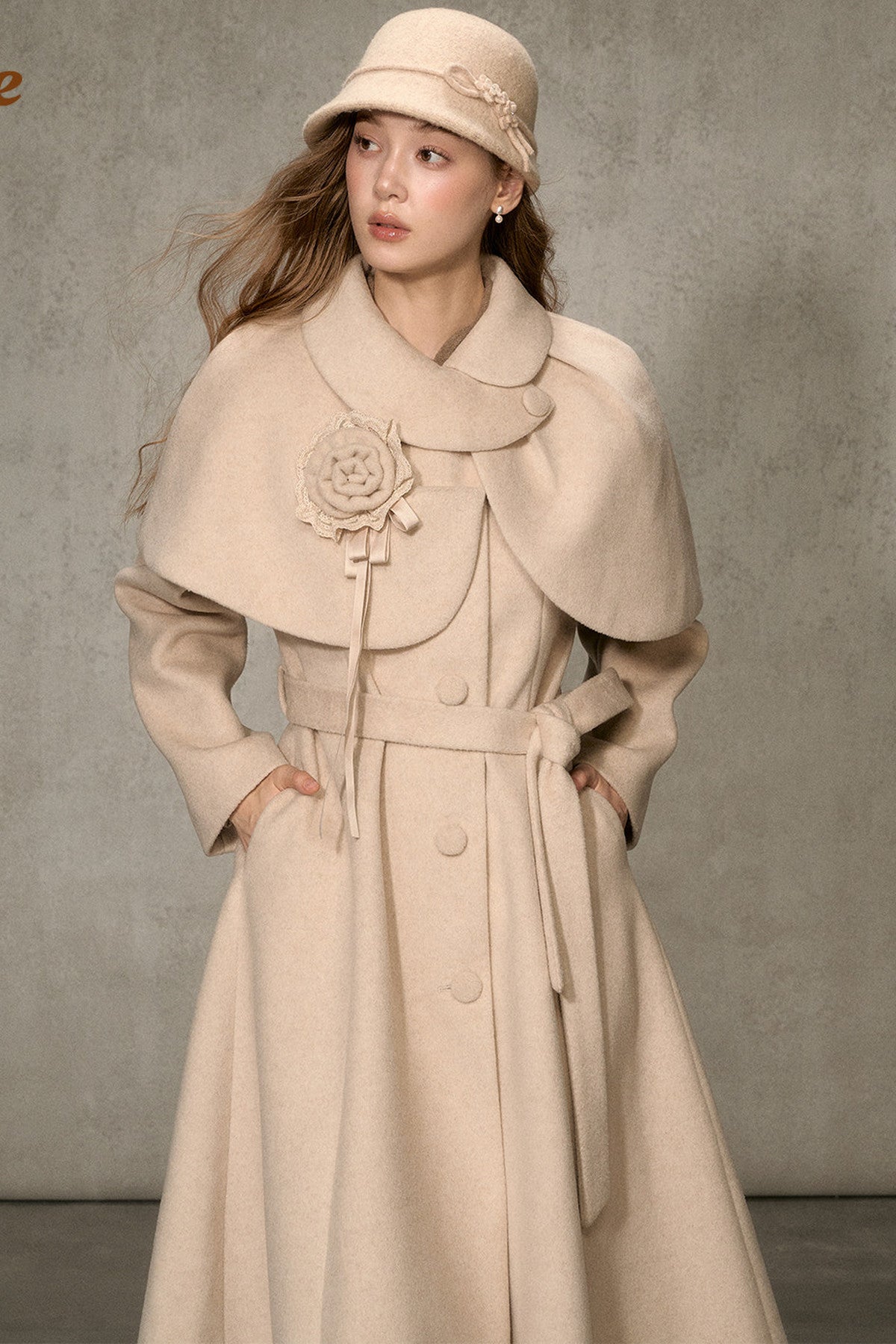 Floral Embroidered Long Woolen Cape Coat Set-Up