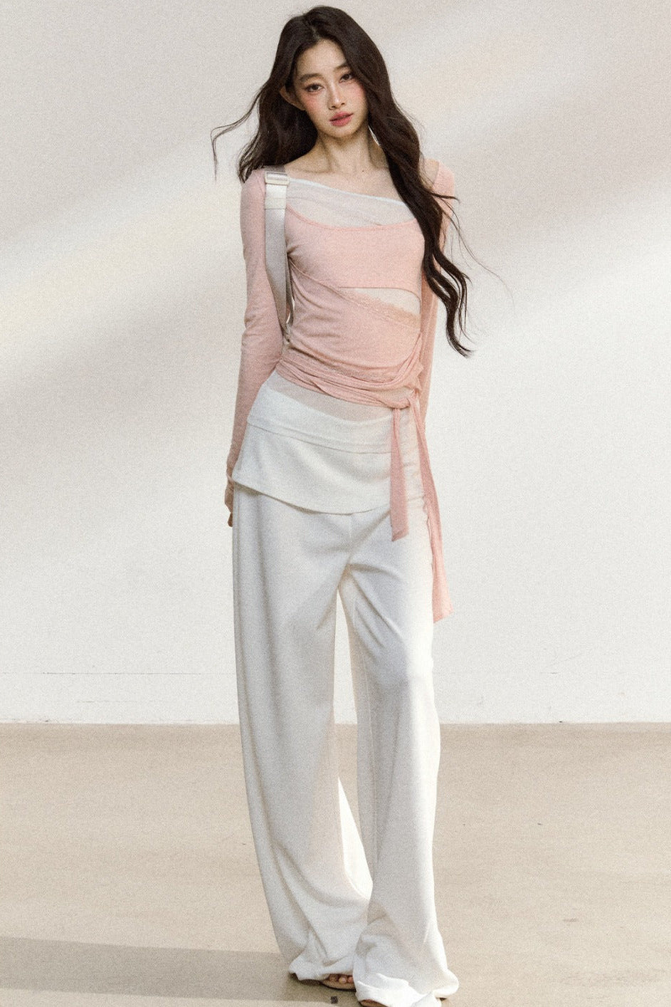 White Waistband Straight-Leg Pants