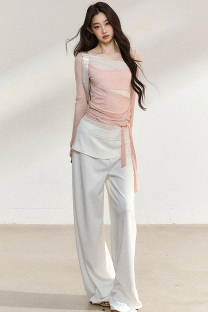 White Waistband Straight-Leg Pants