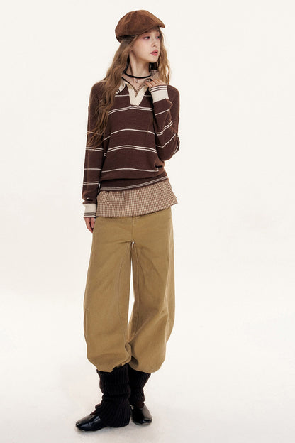 Striped Layered-Look Polo Sweater