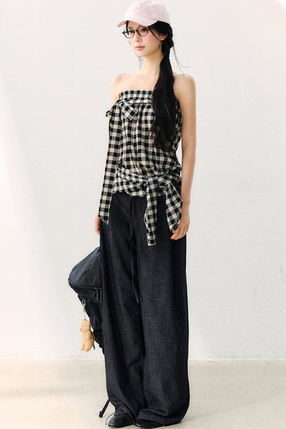 Washed Plaid Tube Top With Bow