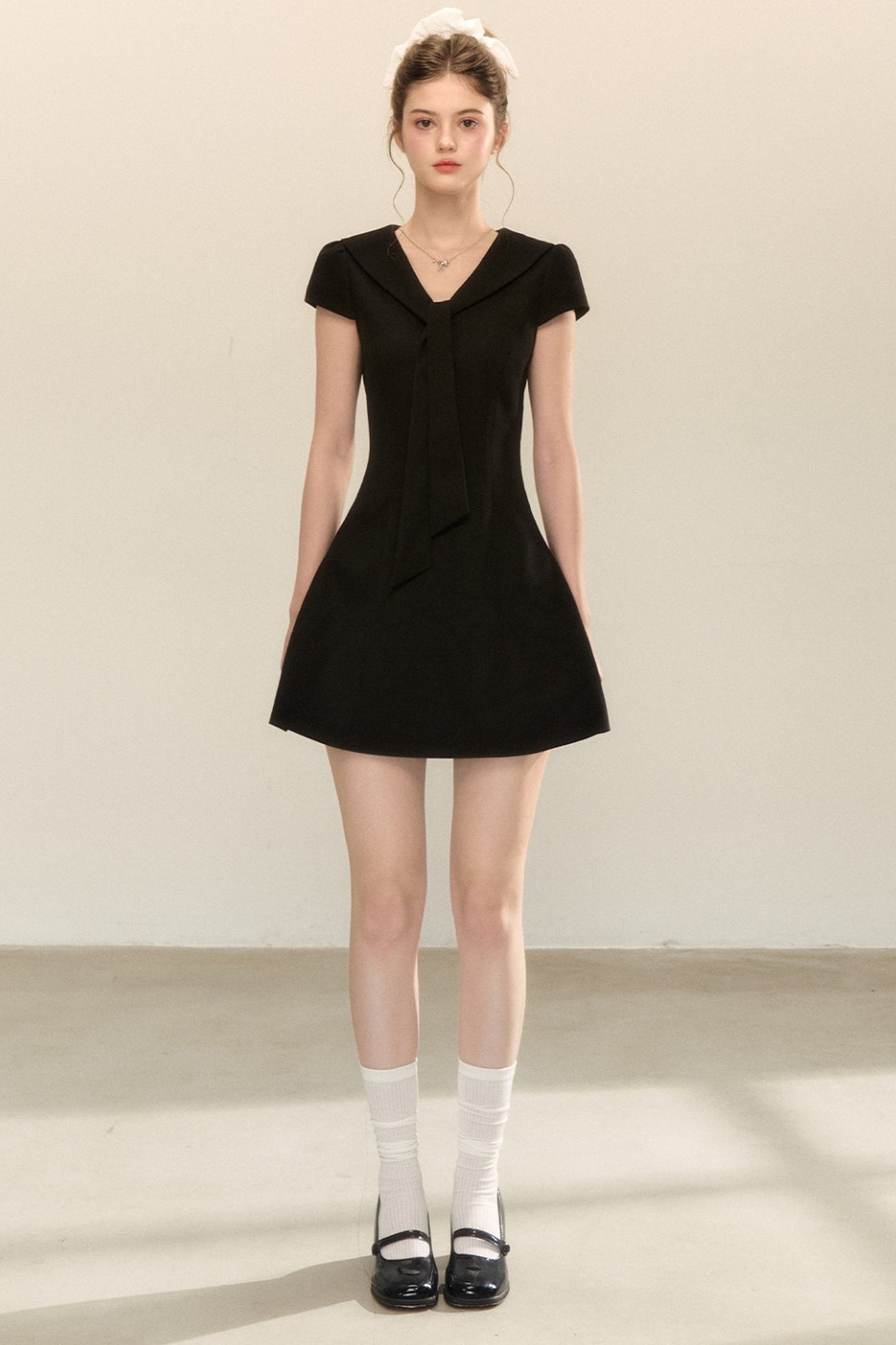 Navy Collar Short Sleeve A-Line Dress