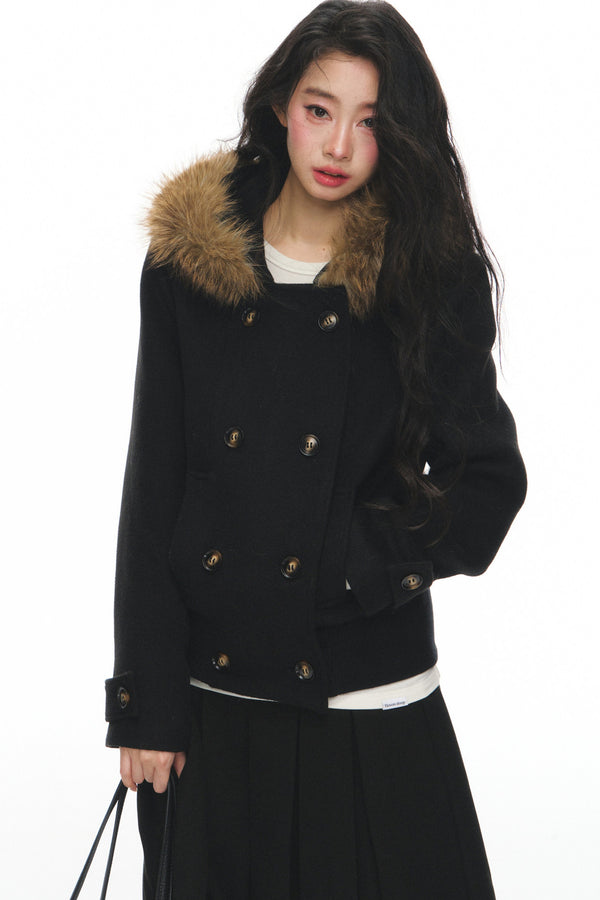 Wool Double-Breasted Fur Collar Coat Set-Up
