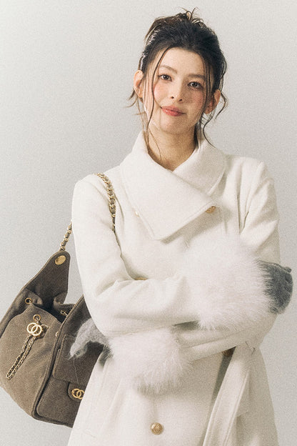White Wool Detachable Fur Sleeve Coat