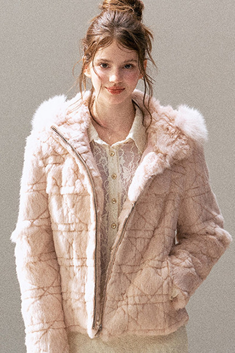 Quilted Faux Rabbit Fur Hooded Jacket