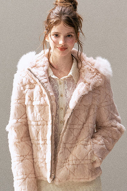 Quilted Faux Rabbit Fur Hooded Jacket