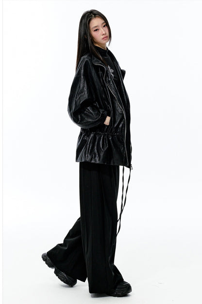 Textured Silhouette Drawstring Tie Waist Jacket