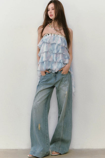 Rhinestone Double Waist Loose Straight Jeans