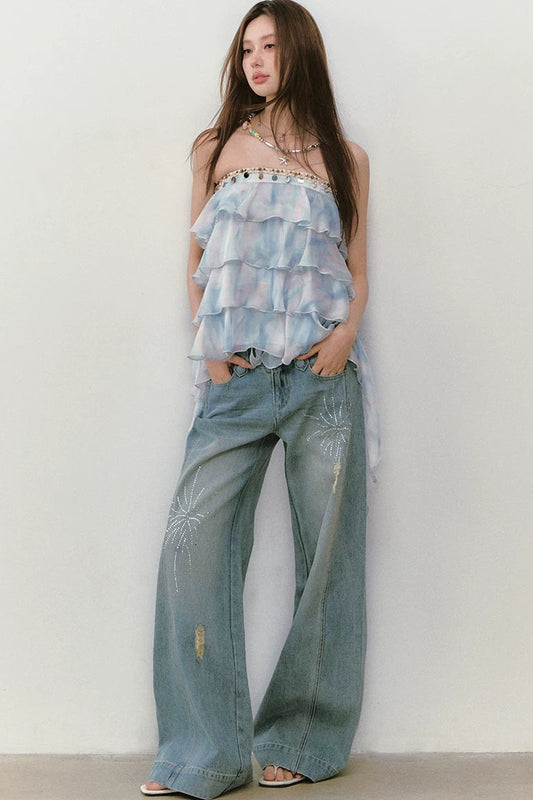 Rhinestone Double Waist Loose Straight Jeans