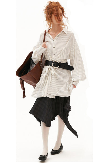 Striped Lantern Sleeve Tie Belt Shirt