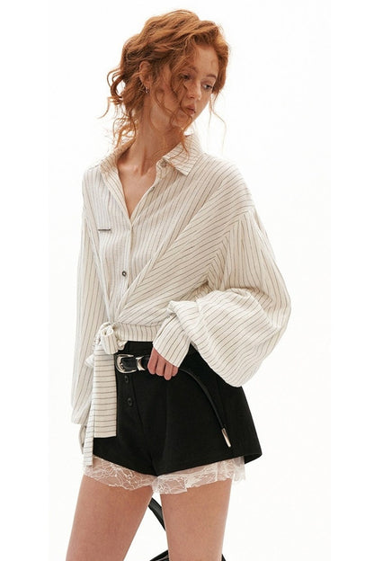 Striped Lantern Sleeve Tie Belt Shirt