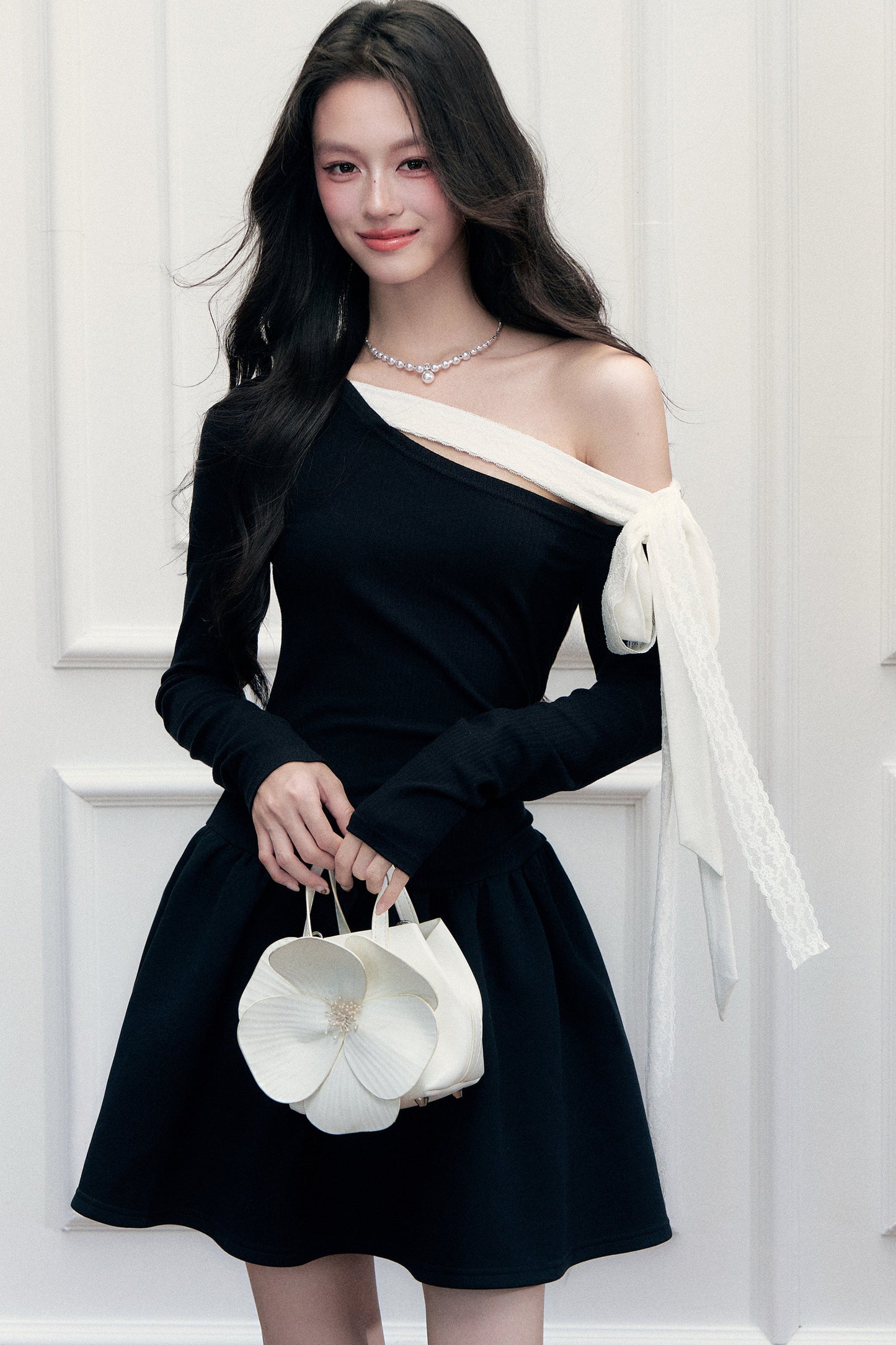 Asymmetrical One-Shoulder Tie Strap Black Dress