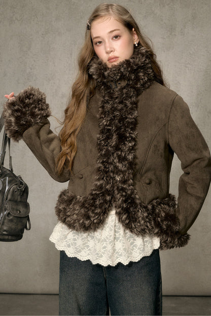 Faux Suede Short Fuzzy Collar Jacket