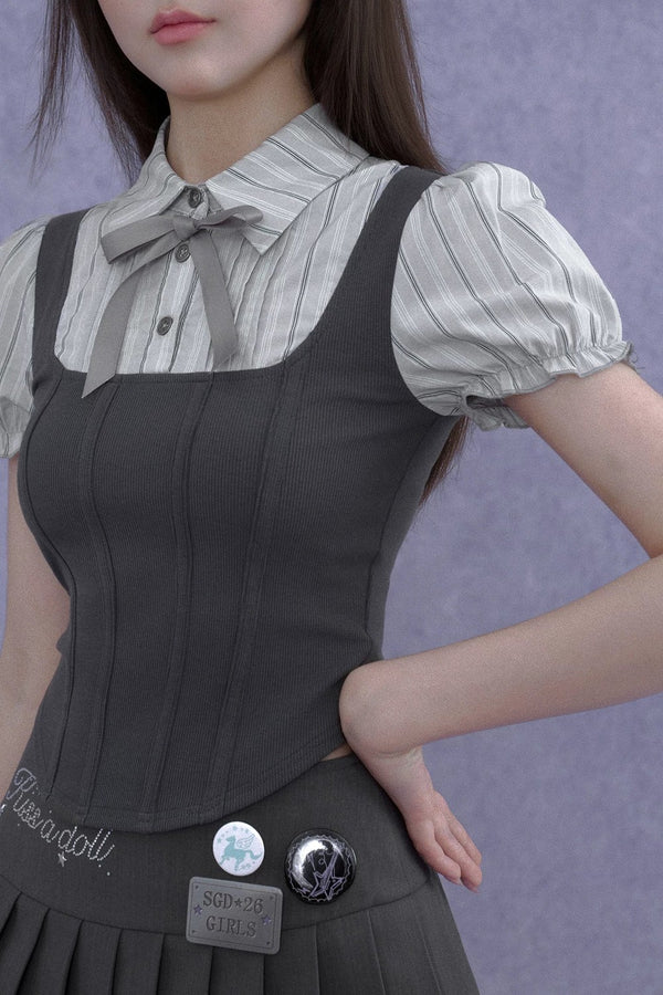 Sweet Fishbone Bubble Sleeve Top Set-Up