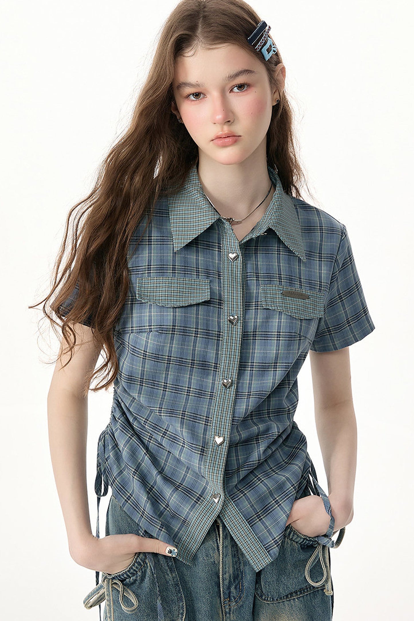 Camicia a maniche corte con motivo scozzese blu e verde