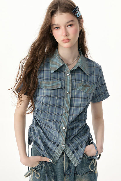 Camicia a maniche corte con motivo scozzese blu e verde