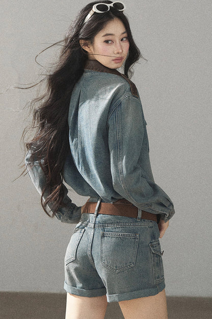Denim Jacket Shirt And Cargo Shorts Set-Up