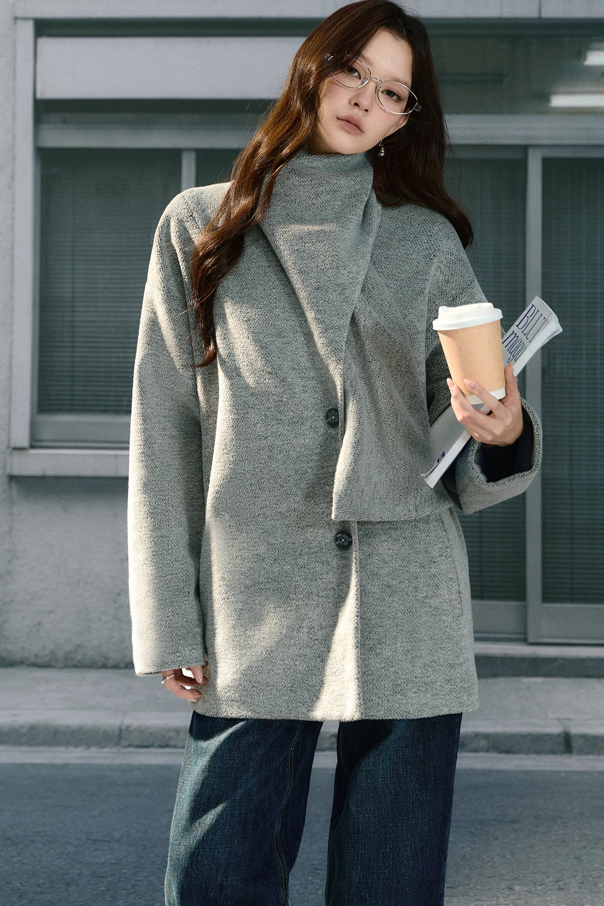 Asymmetrical Scarf Collar Woolen Jacket