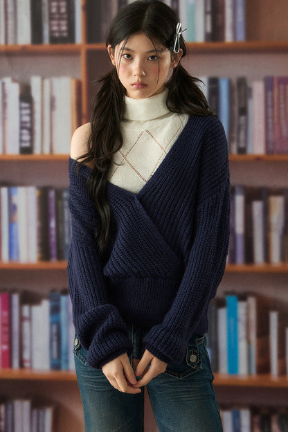 Off-Shoulder V-Neck Knit Sweater Set-Up