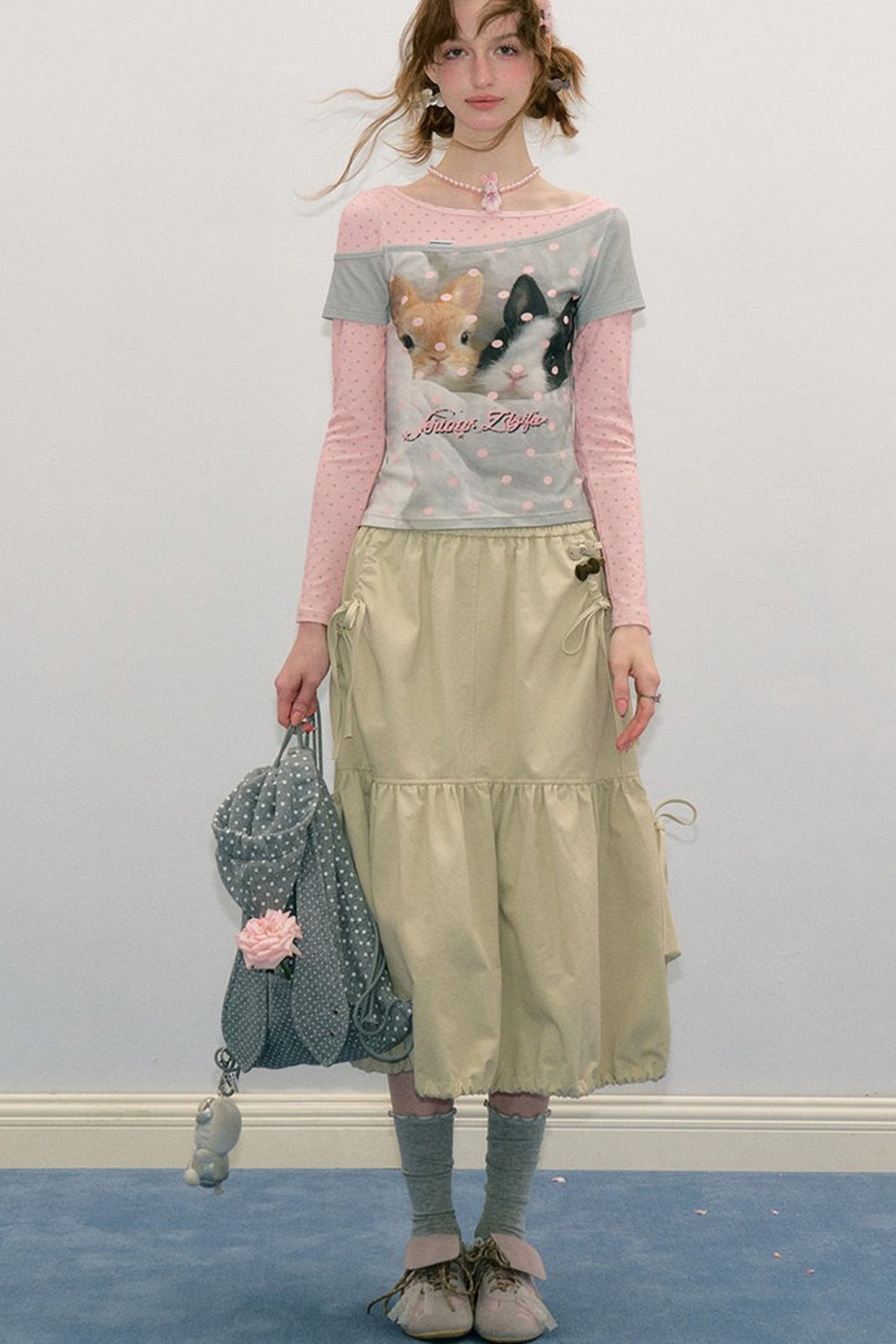 Color-Block Patchwork Rabbit Print Long Sleeve Top