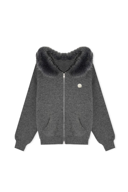 Detachable Fur Collar Hooded Jacket and Wide-Leg Pants Set-Up