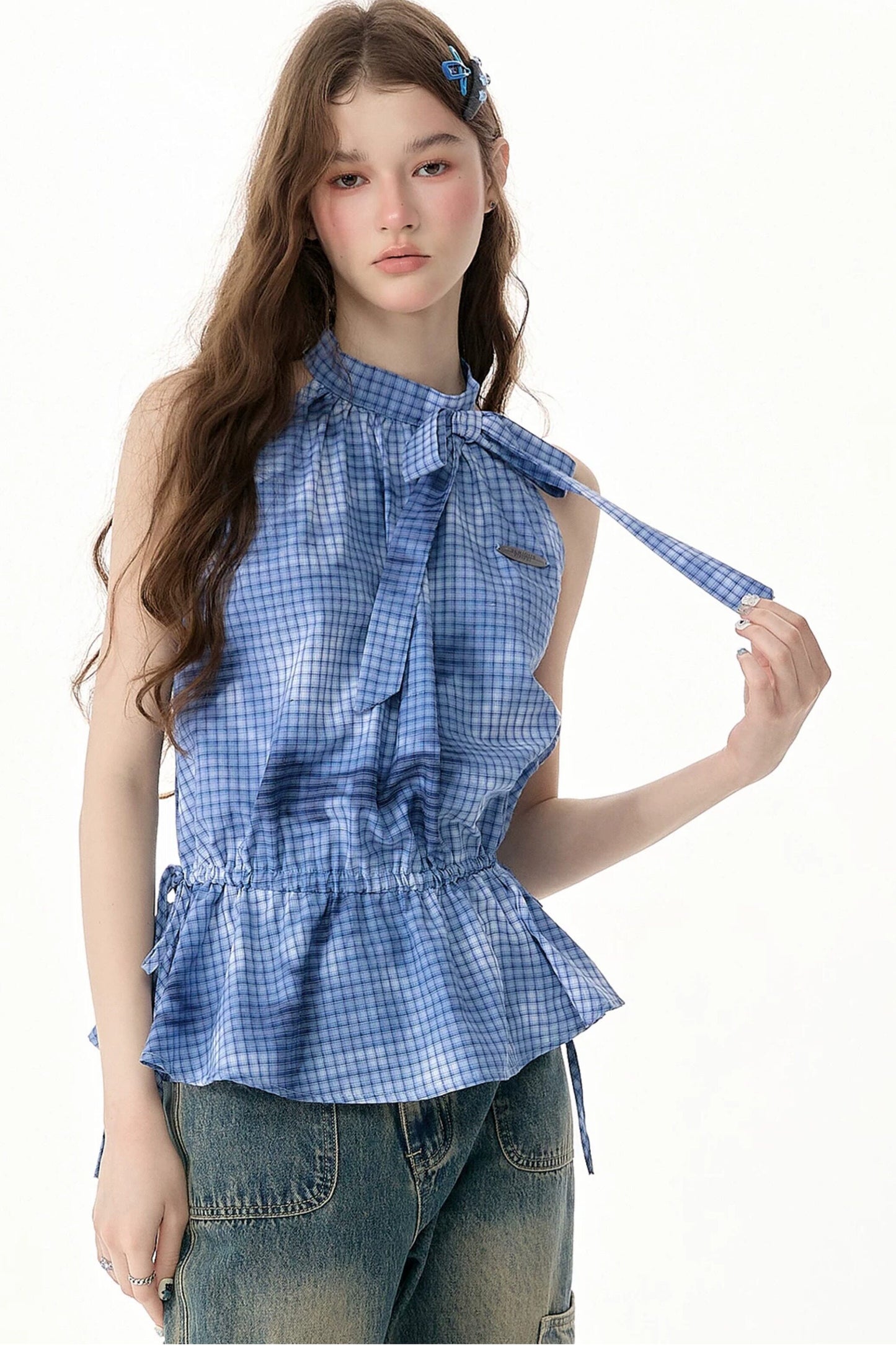 Blue Plaid Bow Halter Top