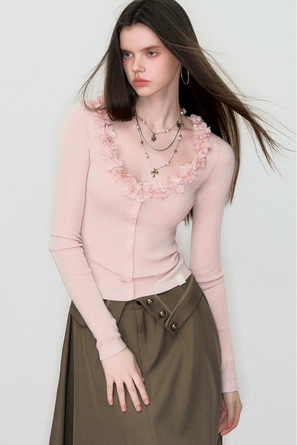 V-Neck Lace Silk Wool Knit Cardigan