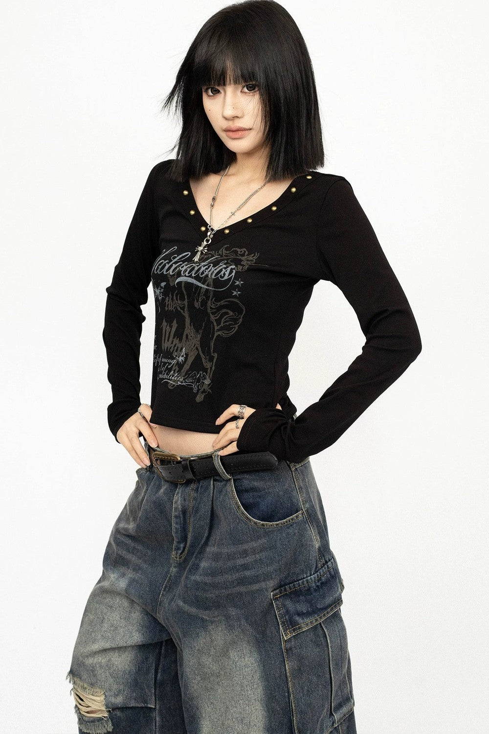 Black Studded V-Neck Long Sleeve Top