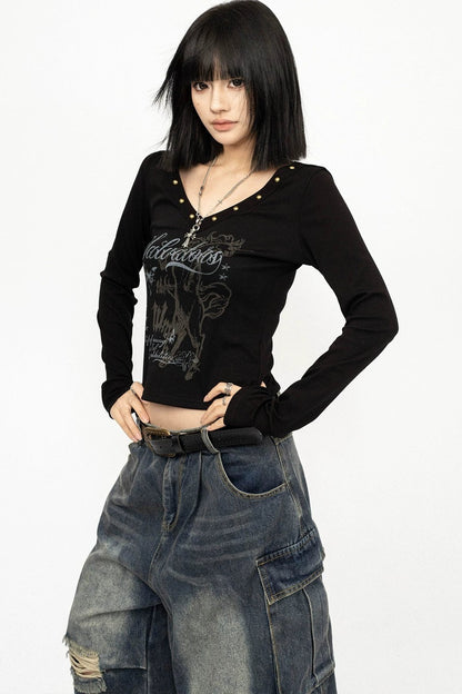 Black Studded V-Neck Long Sleeve Top