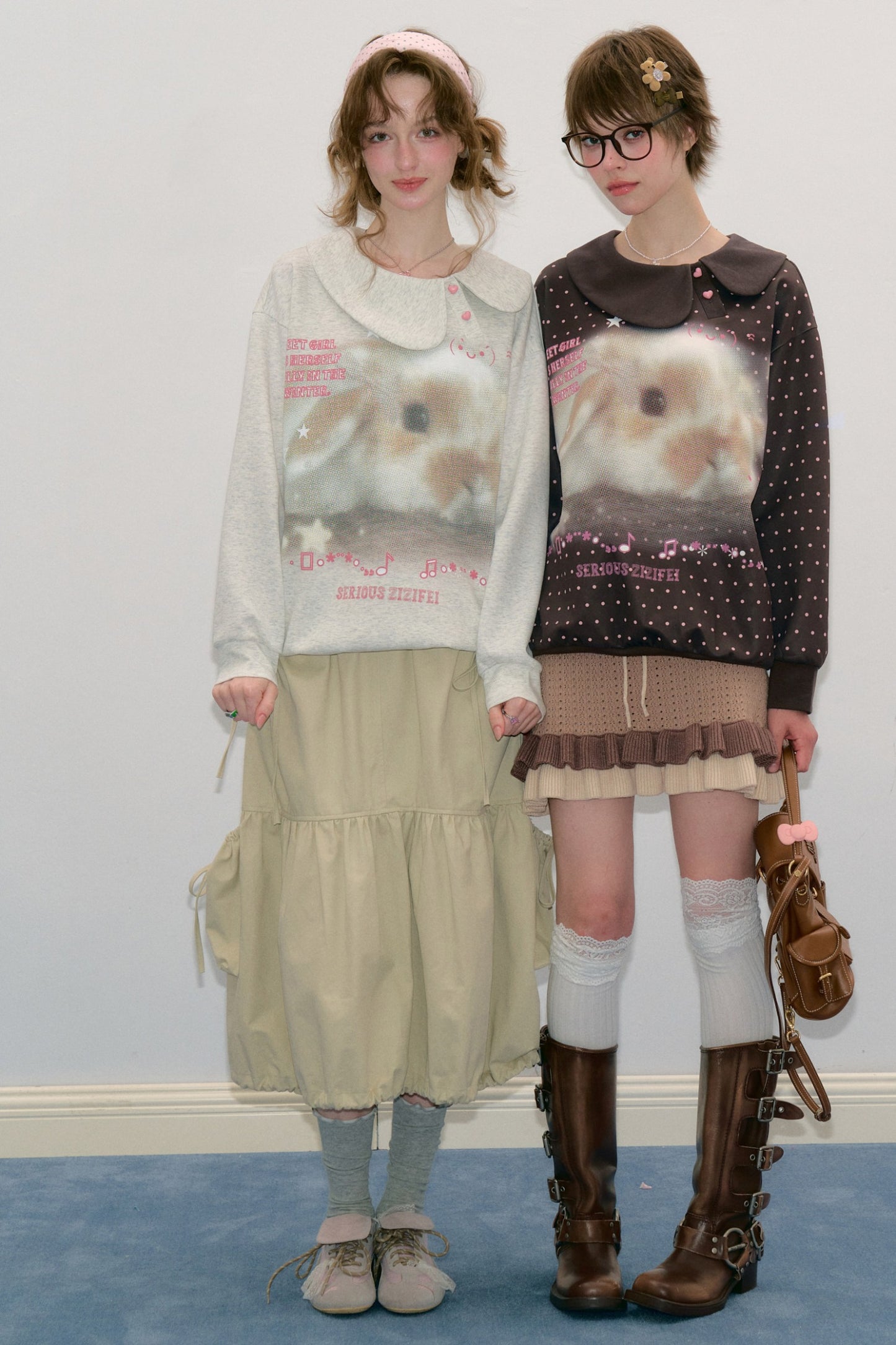 Polka Dot Rabbit Print Doll Collar Sweatshirt
