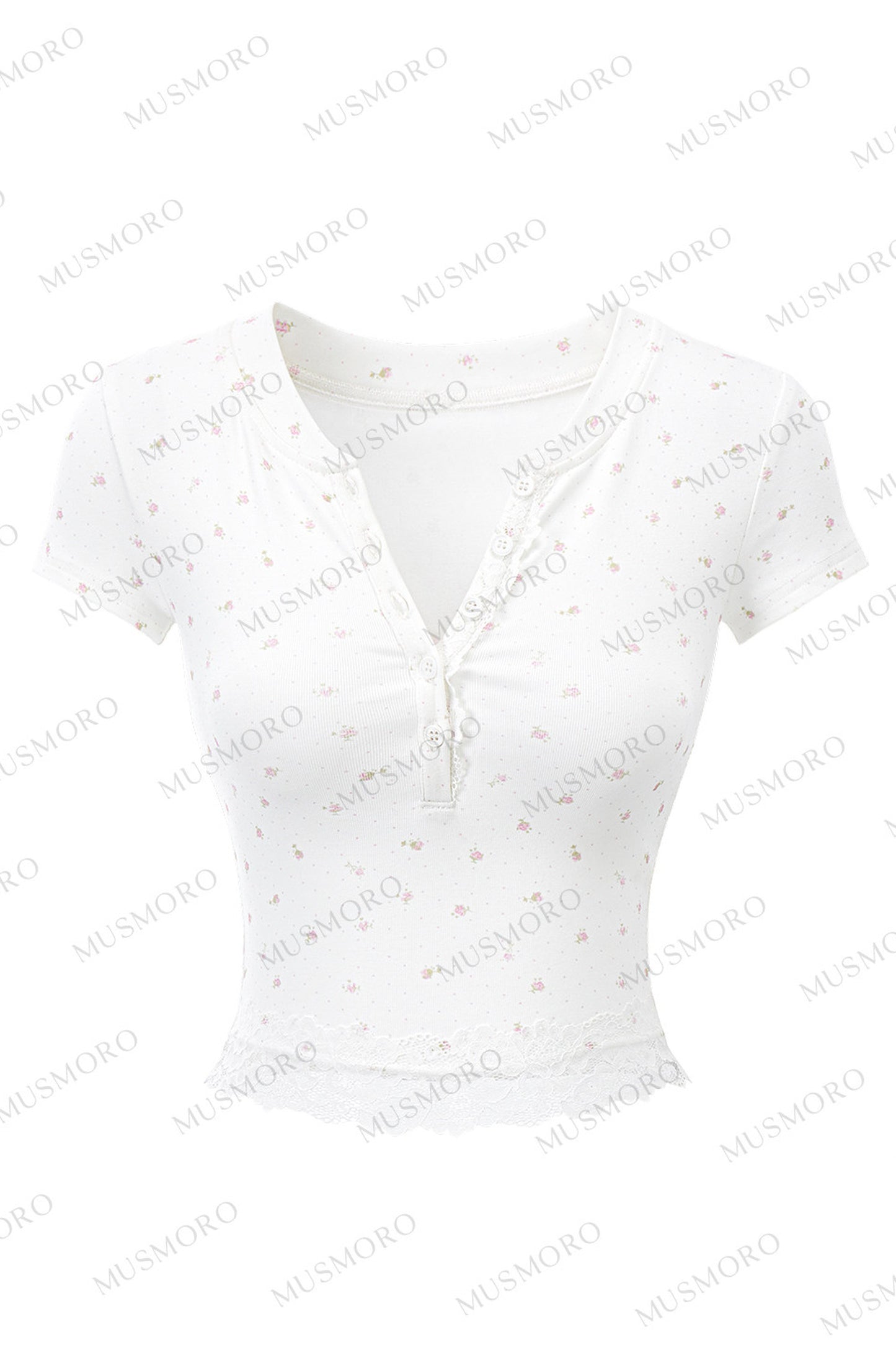 Floral Print Henley Lace Trim Top