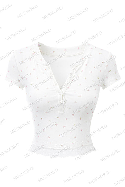 Floral Print Henley Lace Trim Top