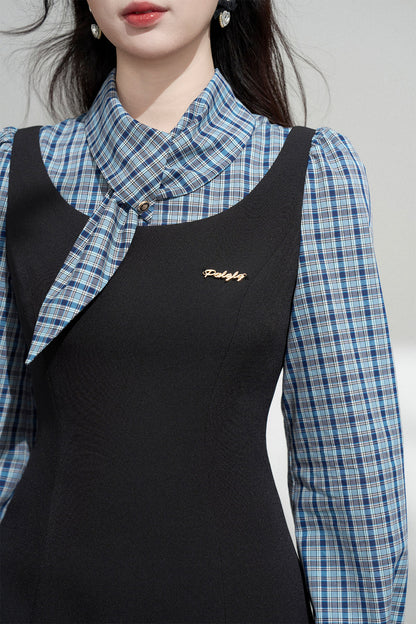 Blue Plaid Layered-Look Dress