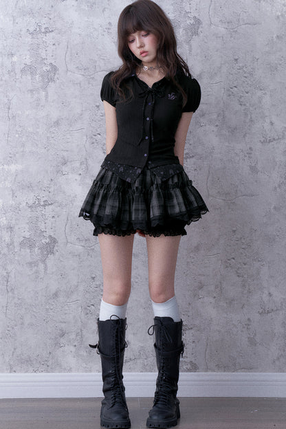 Dark Angel Bear Print Lapel Puff Sleeve Top