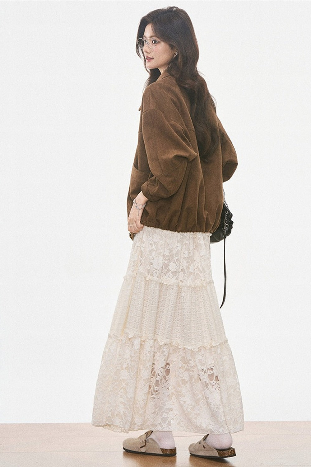 Brown Suede Jacket and Lace Dress Set-Up