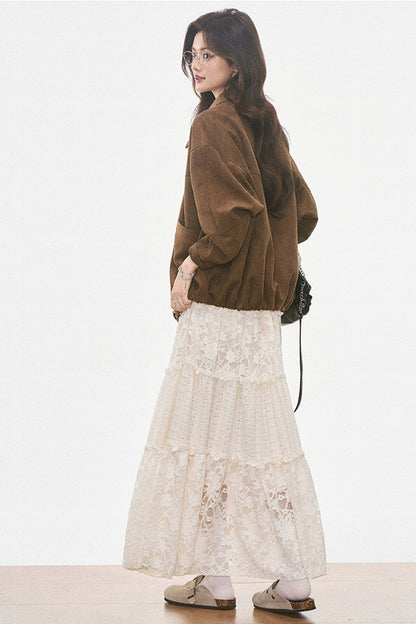 Brown Suede Jacket and Lace Dress Set-Up