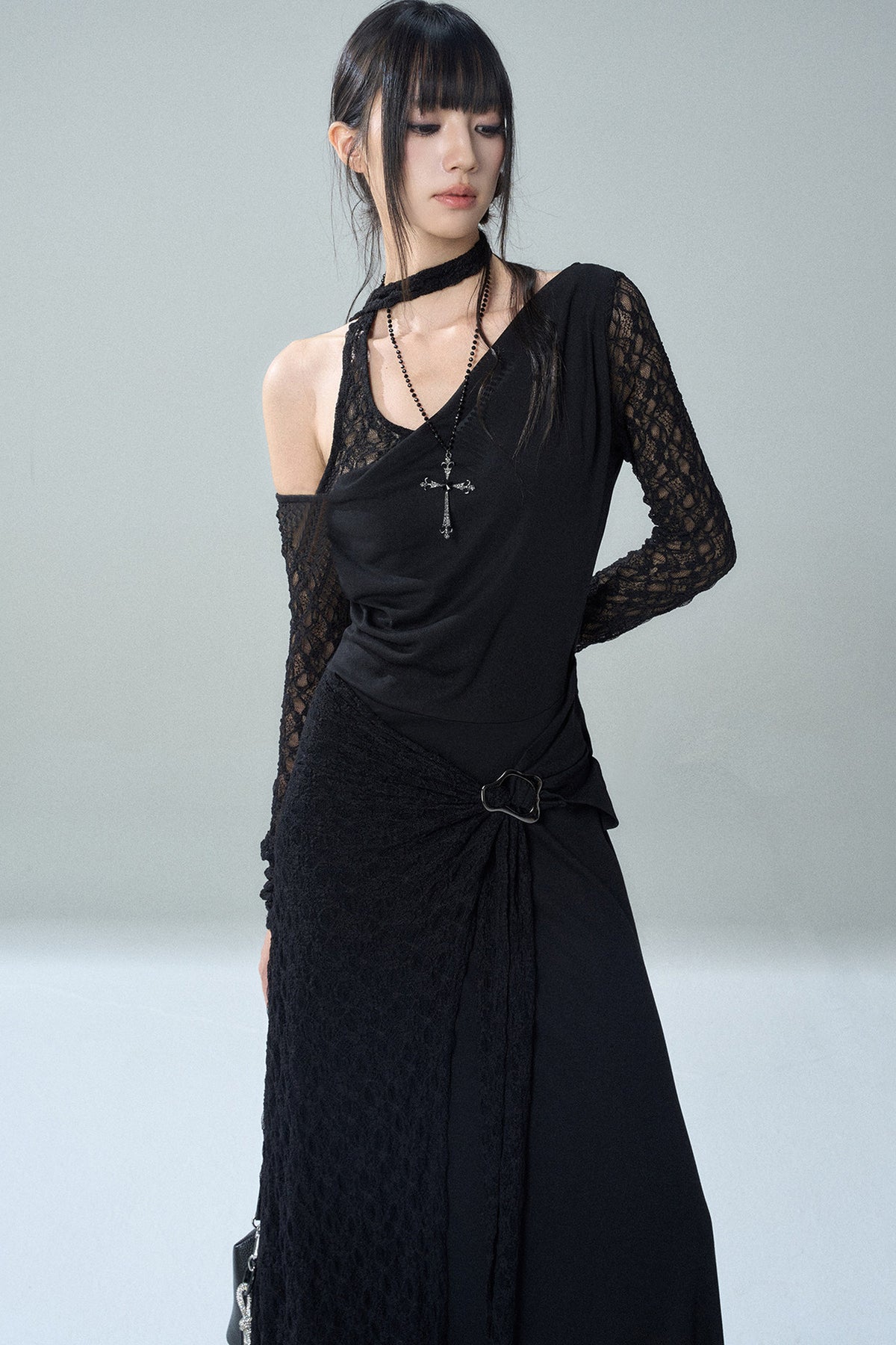 Black Off-The-Shoulder Halter Long Dress