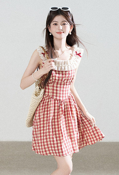 Red Plaid Sleeveless Ruffle Dress